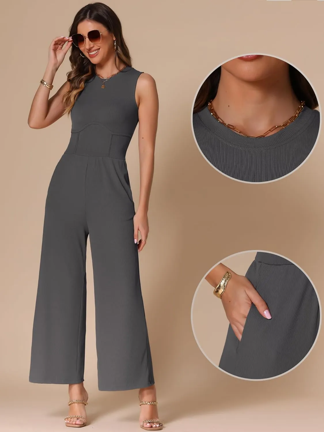 Allegra K Summer Jumpsuit for Women's Dressy Casual One Piece Outfits Sleeveless Crewneck Wide Leg Pants
