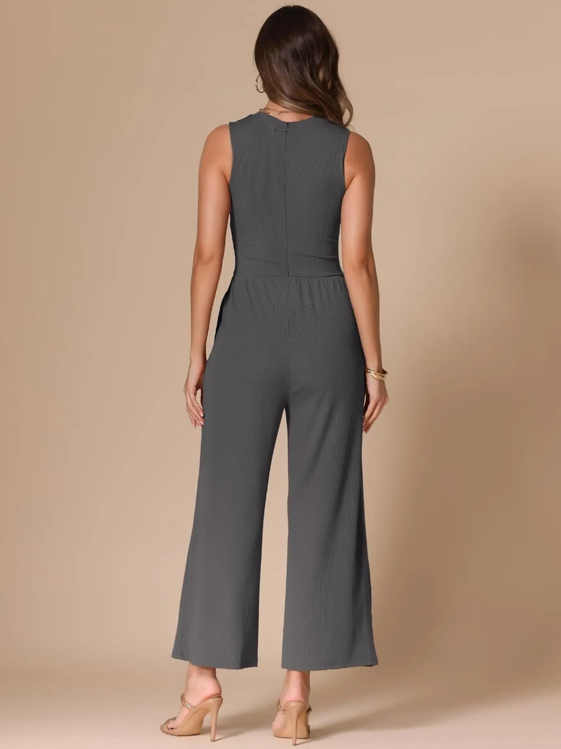 Allegra K Summer Jumpsuit for Women's Dressy Casual One Piece Outfits Sleeveless Crewneck Wide Leg Pants