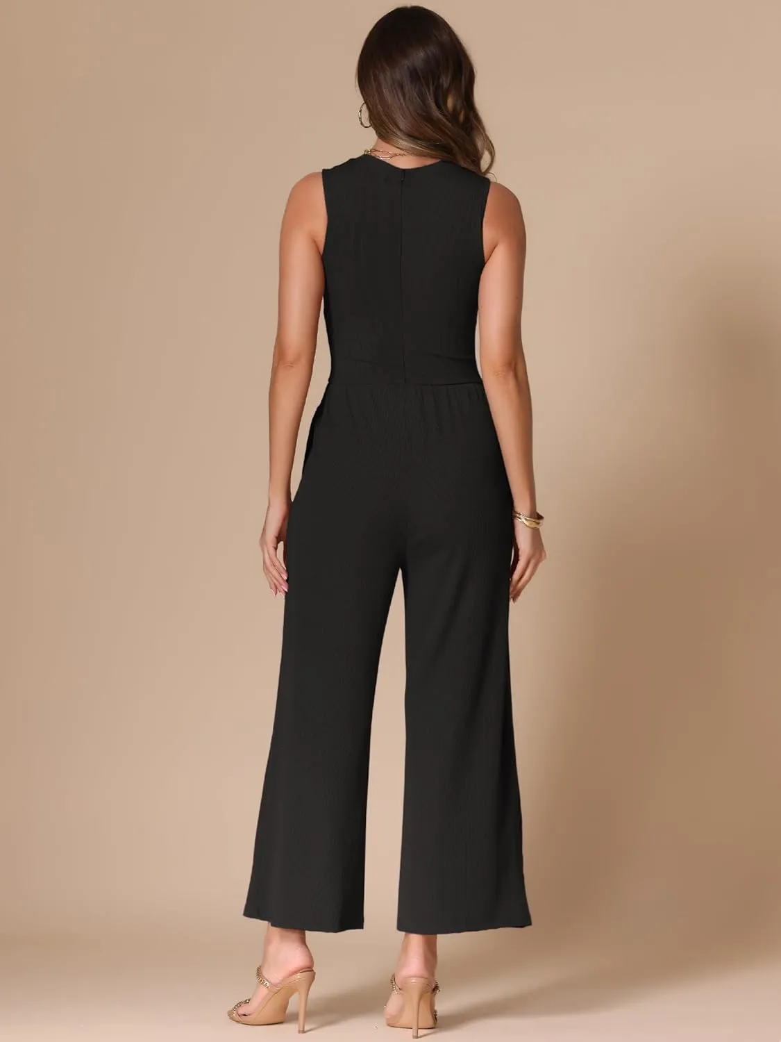 Allegra K Summer Jumpsuit for Women's Dressy Casual One Piece Outfits Sleeveless Crewneck Wide Leg Pants