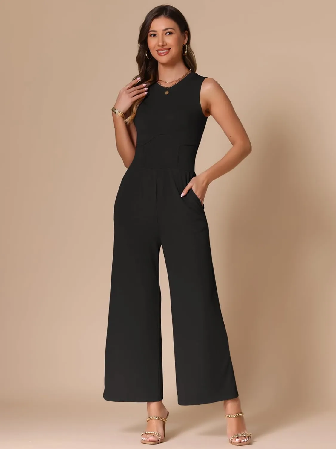 Allegra K Summer Jumpsuit for Women's Dressy Casual One Piece Outfits Sleeveless Crewneck Wide Leg Pants