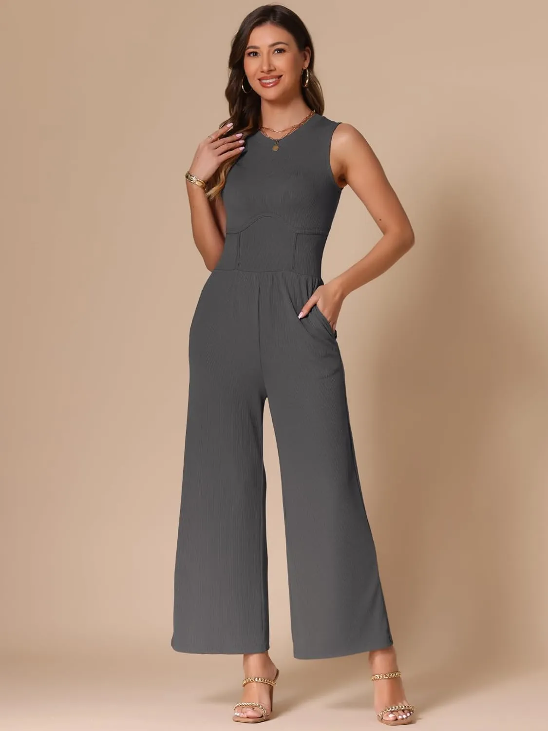 Allegra K Summer Jumpsuit for Women's Dressy Casual One Piece Outfits Sleeveless Crewneck Wide Leg Pants