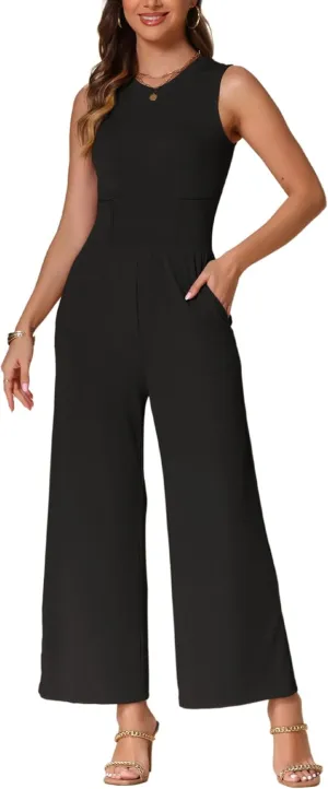 Allegra K Summer Jumpsuit for Women's Dressy Casual One Piece Outfits Sleeveless Crewneck Wide Leg Pants
