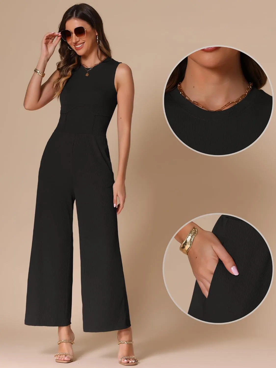 Allegra K Summer Jumpsuit for Women's Dressy Casual One Piece Outfits Sleeveless Crewneck Wide Leg Pants