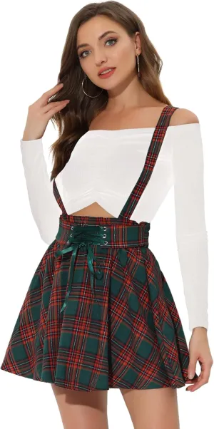 Allegra K Suspender Skirts for Women's High Waisted Detachable Gothic Plaid Skirt