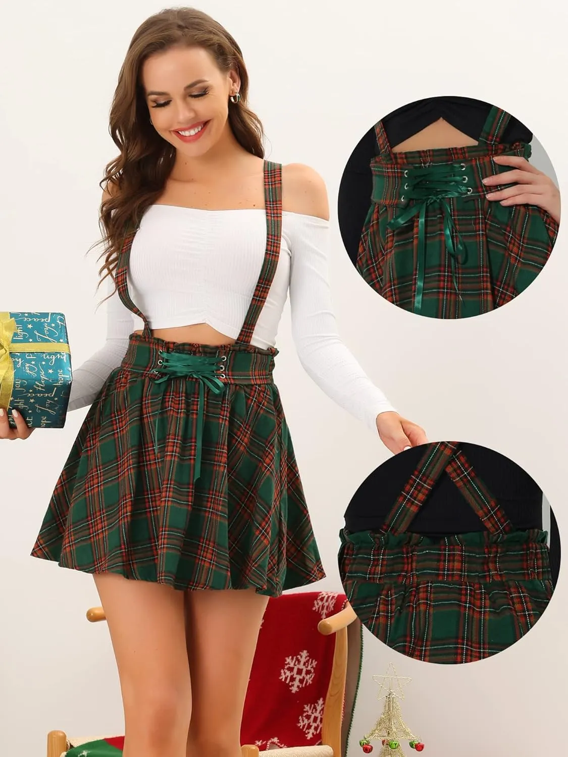 Allegra K Suspender Skirts for Women's High Waisted Detachable Gothic Plaid Skirt