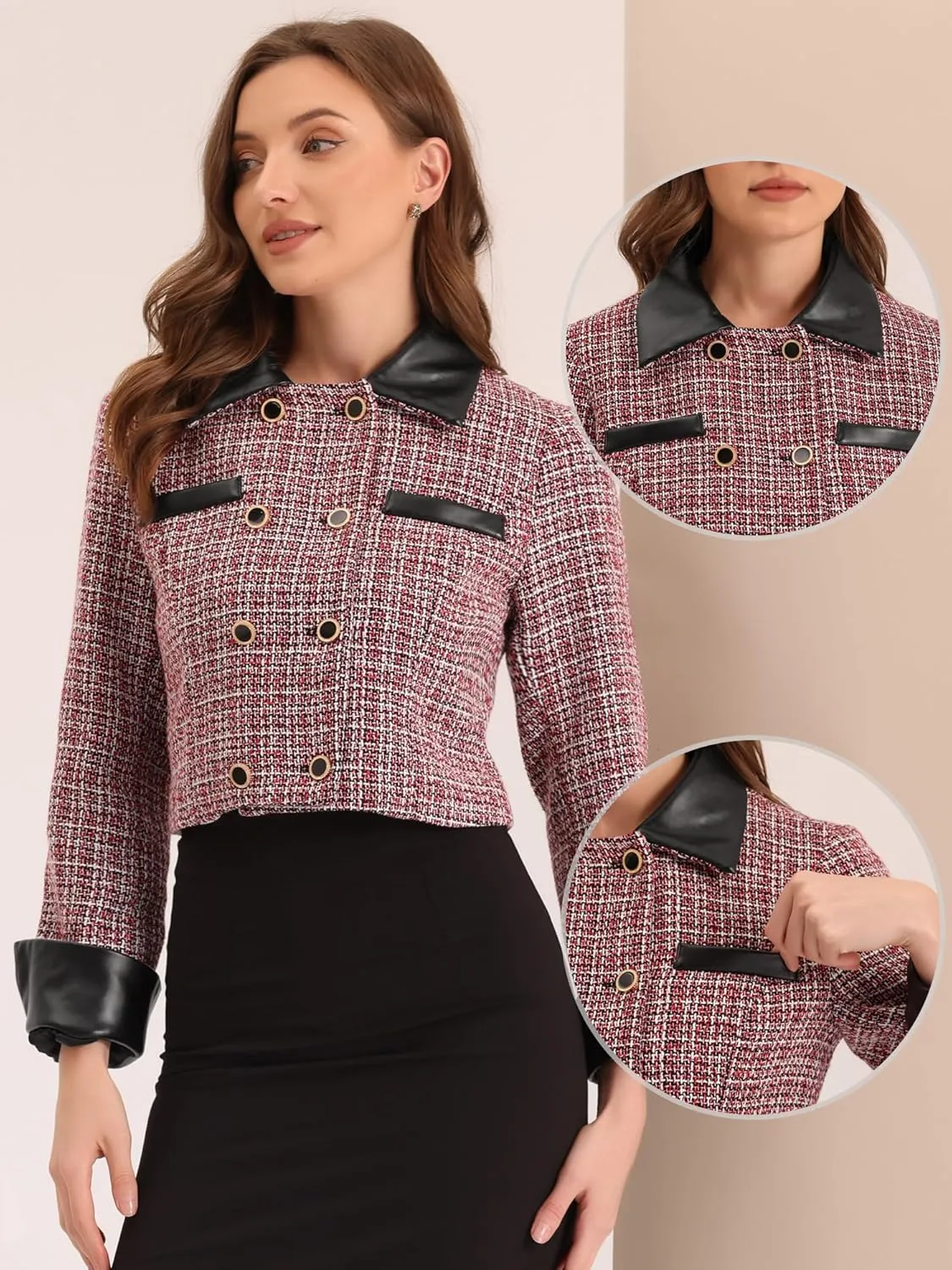 Allegra K Tweed Plaid Blazer for Women's Contrast Collar Double Breasted Vintage Cropped Jackets