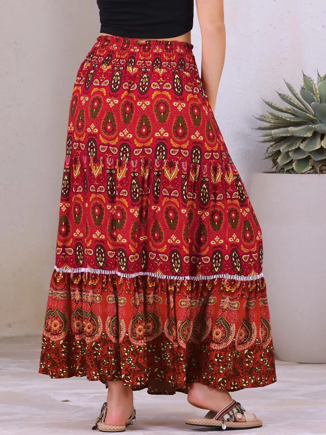 Allegra K Women's Boho Floral Maxi Skirts Smocked High Waist A-Line Long Skirt