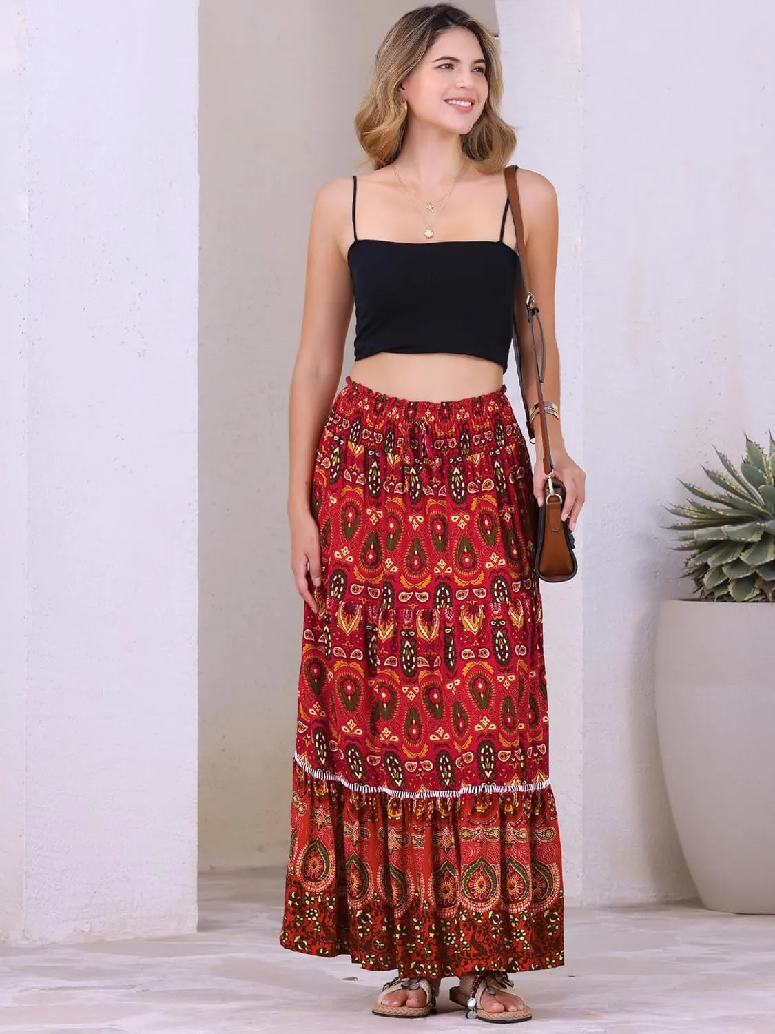 Allegra K Women's Boho Floral Maxi Skirts Smocked High Waist A-Line Long Skirt
