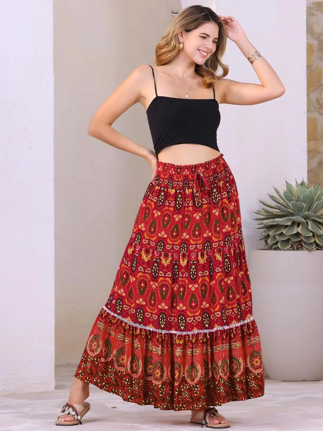 Allegra K Women's Boho Floral Maxi Skirts Smocked High Waist A-Line Long Skirt