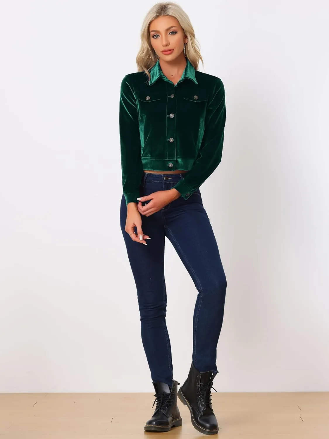 Allegra K Women's Halloween Cropped Jackets Button Down Slash Pockets 2024 Fall Casual Velvet Blazer