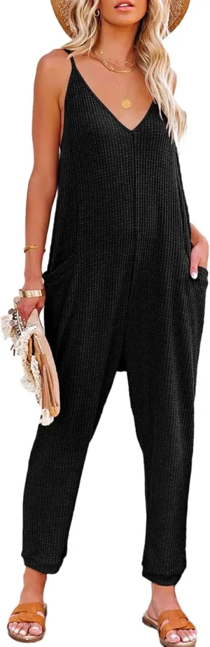 AlvaQ Jumpsuits for Women Casual Spring Clothes Sleeveless Loose Spaghetti Strap Overalls Jumpers with Pockets 2024