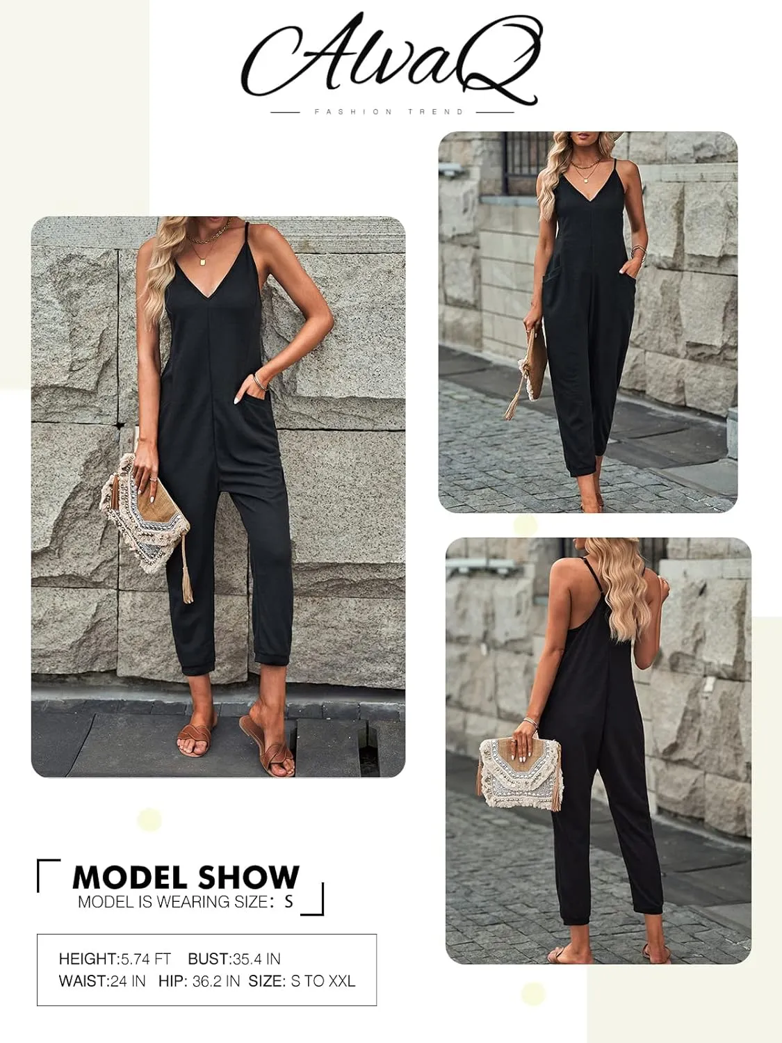 AlvaQ Jumpsuits for Women Casual Spring Clothes Sleeveless Loose Spaghetti Strap Overalls Jumpers with Pockets 2024