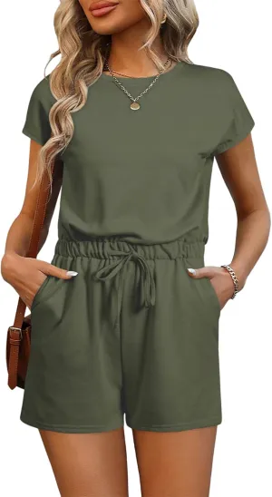 AlvaQ Womens Summer Casual Short Sleeve Rompers Solid Crewneck Drawstring One Piece Shorts Romper with Pockets