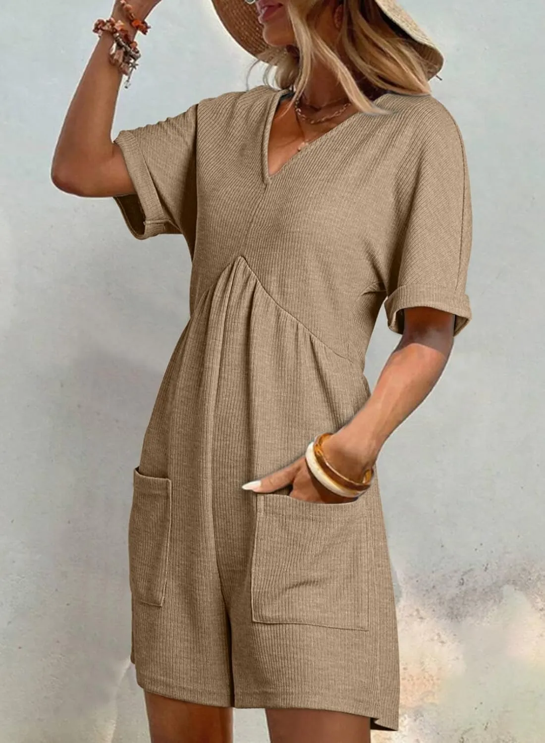 AlvaQ Womens Summer Short Sleeve V Neck High Waist Zipper Romper with Pockets