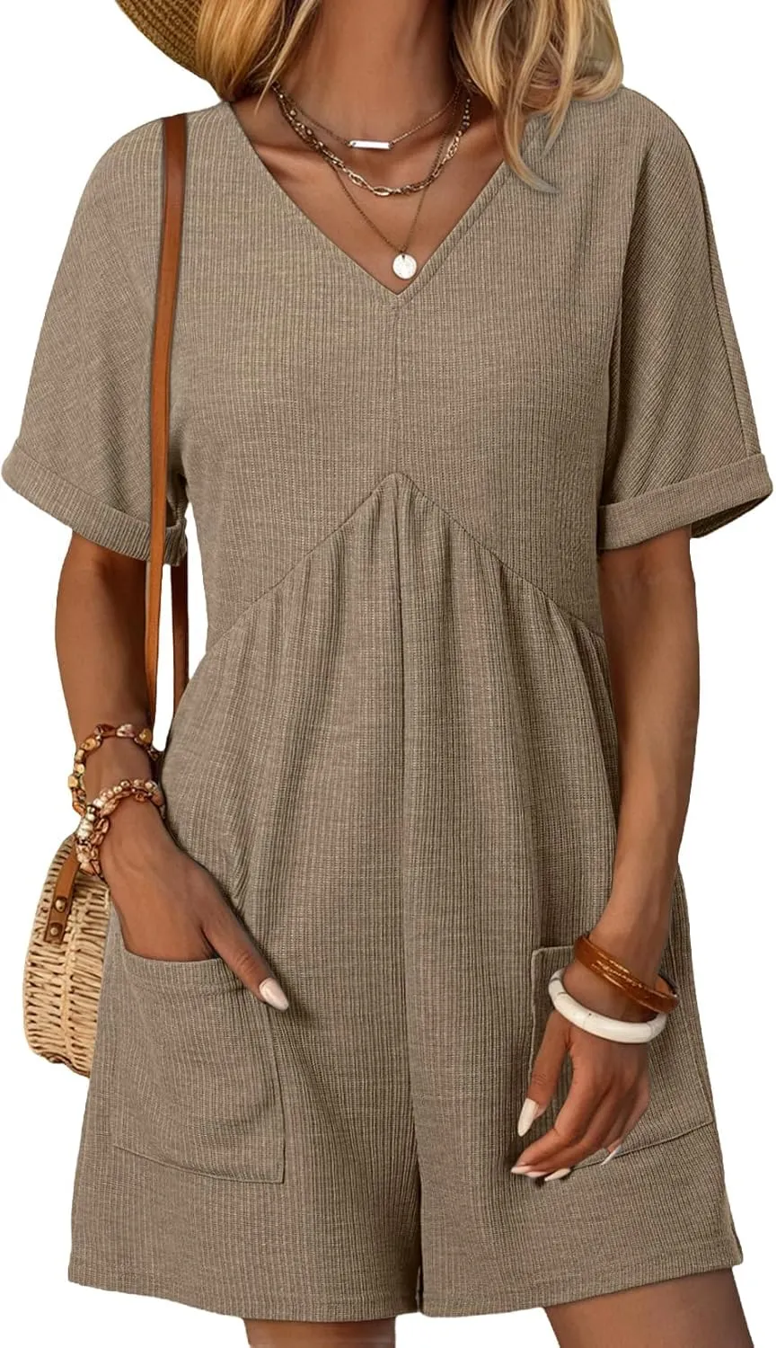 AlvaQ Womens Summer Short Sleeve V Neck High Waist Zipper Romper with Pockets