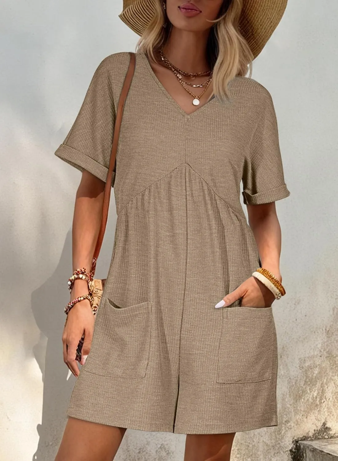 AlvaQ Womens Summer Short Sleeve V Neck High Waist Zipper Romper with Pockets