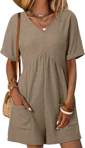 AlvaQ Womens Summer Short Sleeve V Neck High Waist Zipper Romper with Pockets