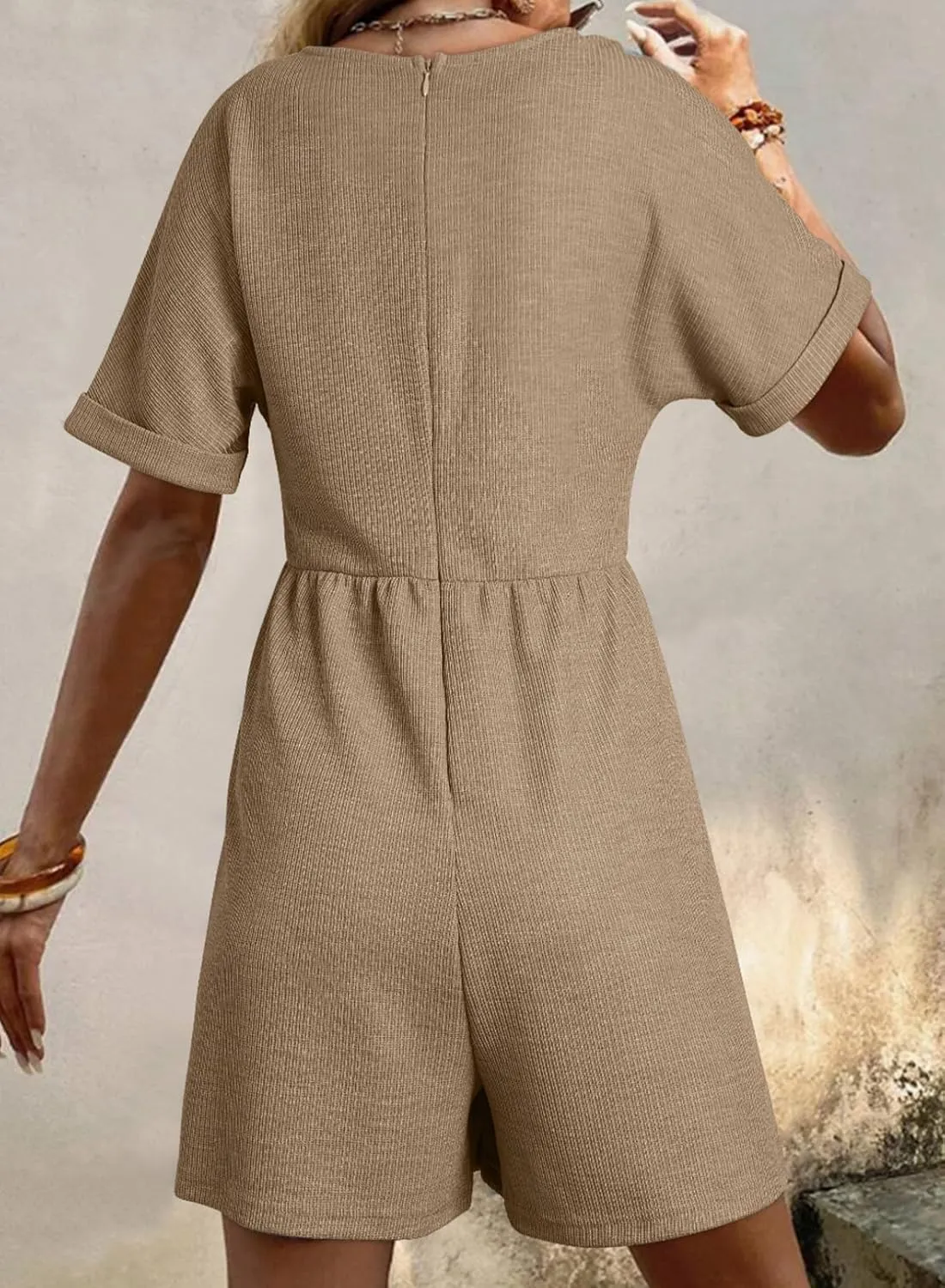AlvaQ Womens Summer Short Sleeve V Neck High Waist Zipper Romper with Pockets