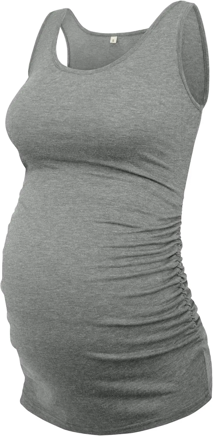 AMPOSH Women's Maternity Tank Top 3 Pack Ruched Side Sleeveless Pregnancy Basic Shirt