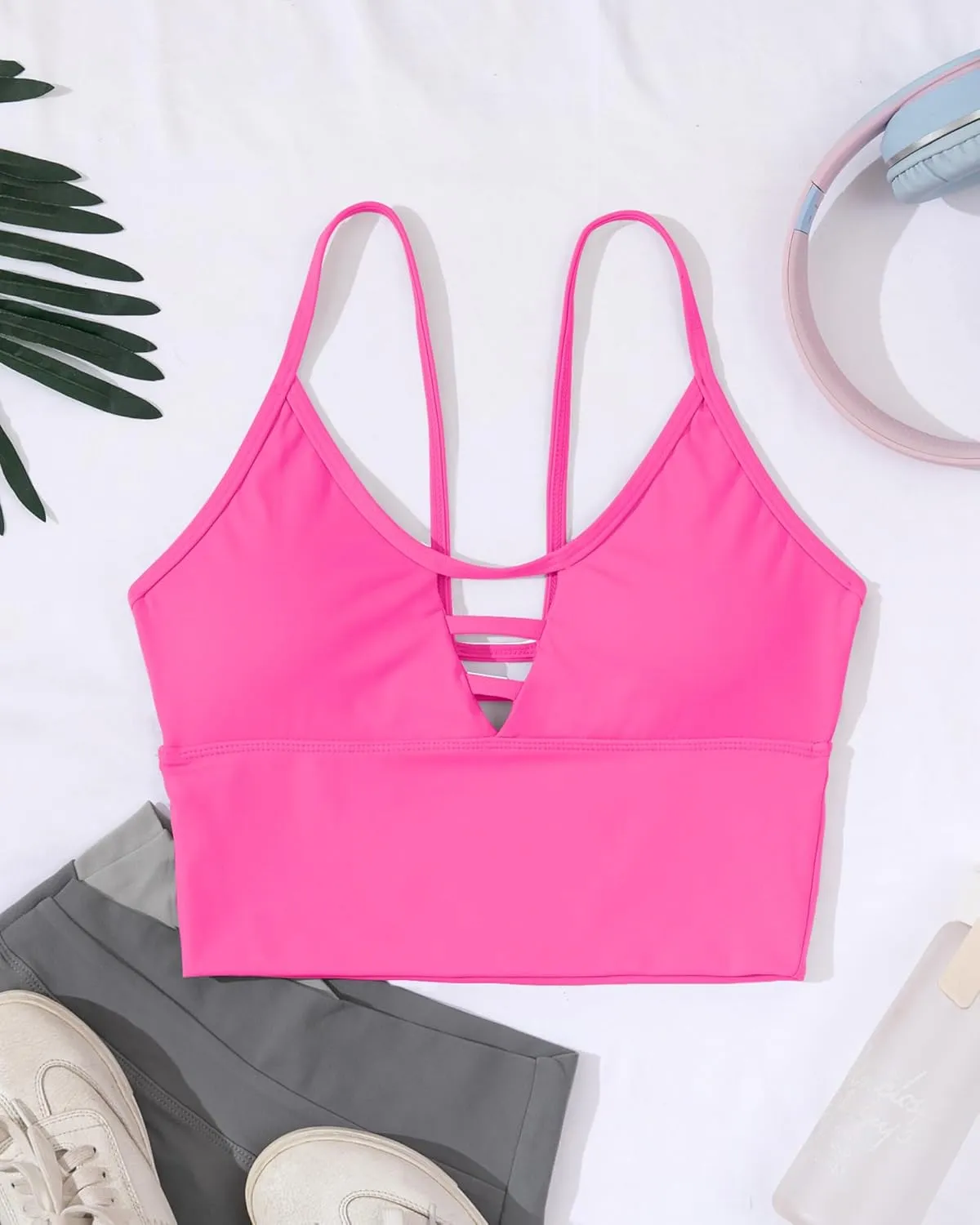 AngiMelo Sports Bras for Women High Support Longline Strappy Workout Tank Tops Built in Bra Padded Crop Yoga Top