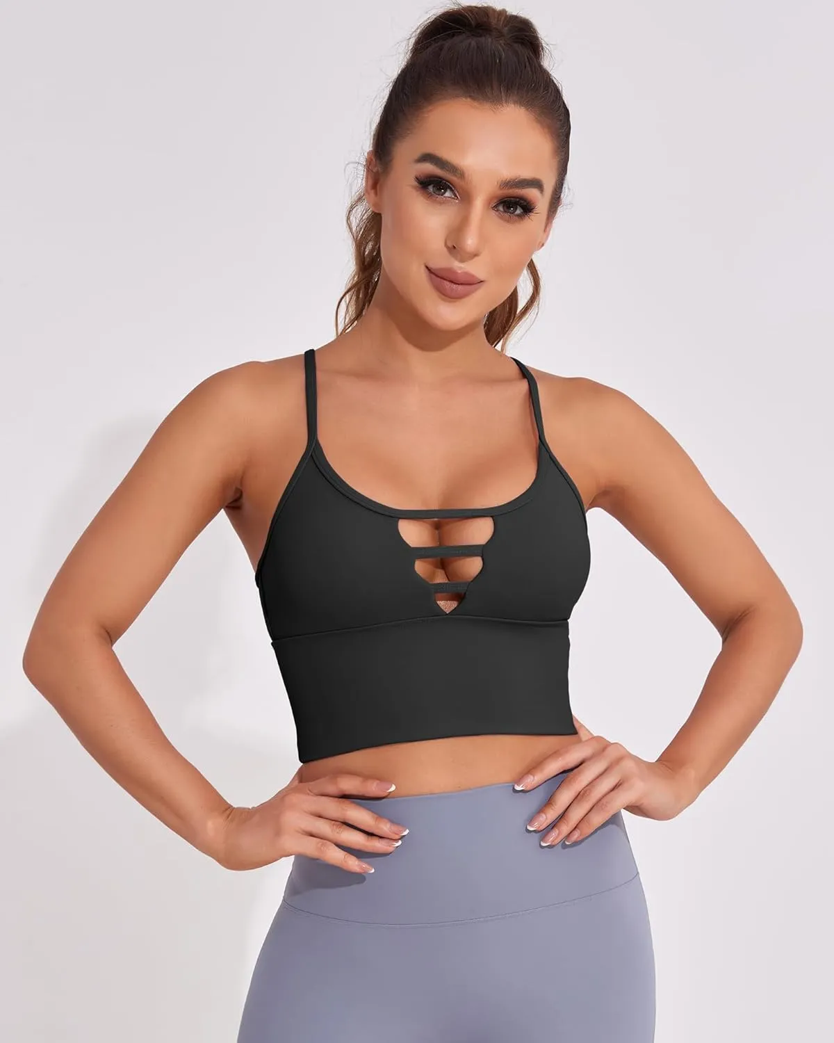 AngiMelo Sports Bras for Women High Support Longline Strappy Workout Tank Tops Built in Bra Padded Crop Yoga Top