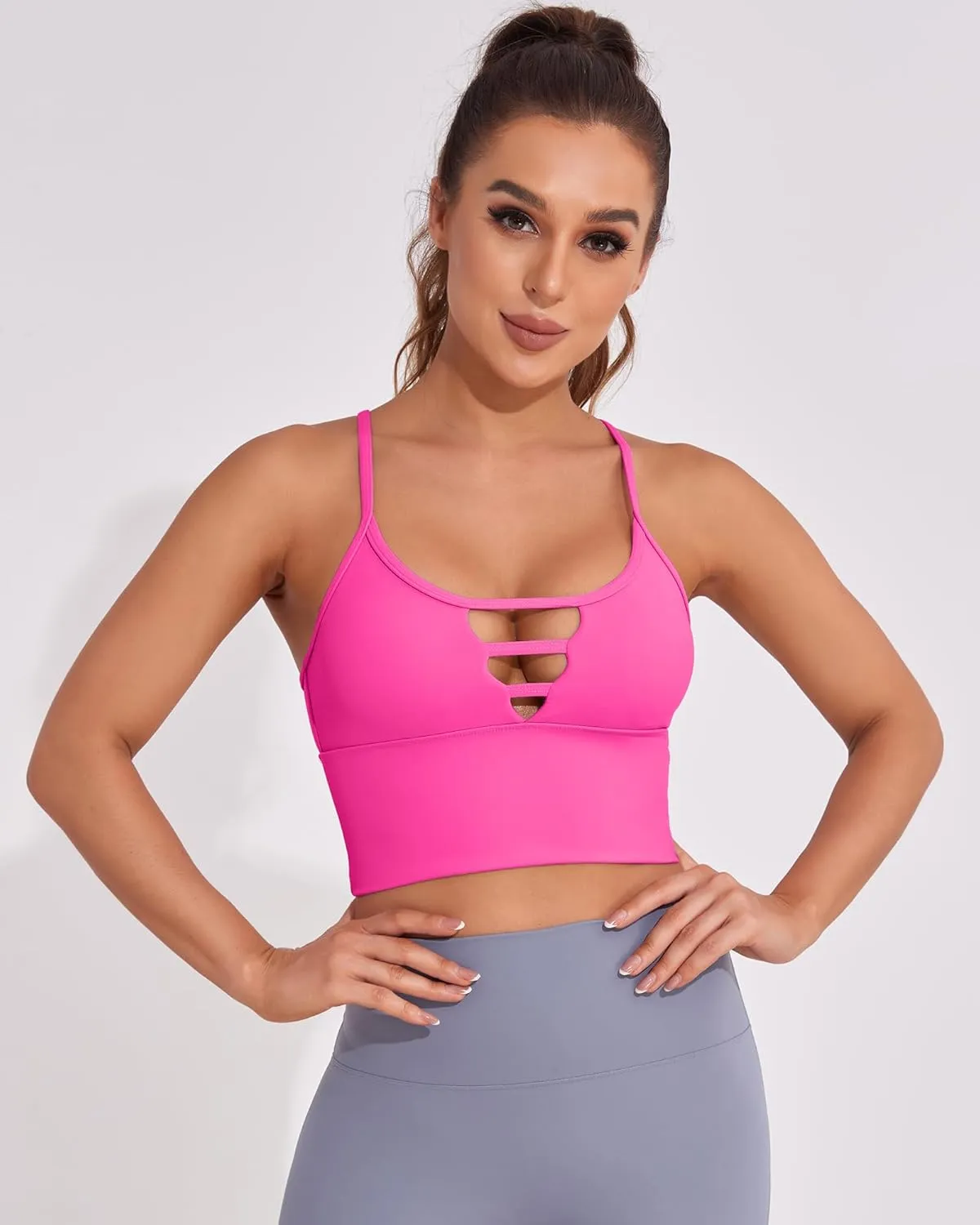 AngiMelo Sports Bras for Women High Support Longline Strappy Workout Tank Tops Built in Bra Padded Crop Yoga Top