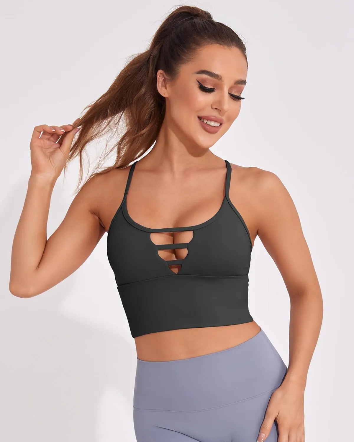 AngiMelo Sports Bras for Women High Support Longline Strappy Workout Tank Tops Built in Bra Padded Crop Yoga Top