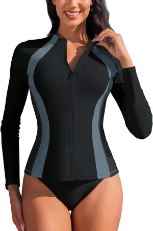 ATTRACO Long Sleeve Rash Guard Shirts for Women Full Zip Jackets Sun Protection Surfing Swimsuit