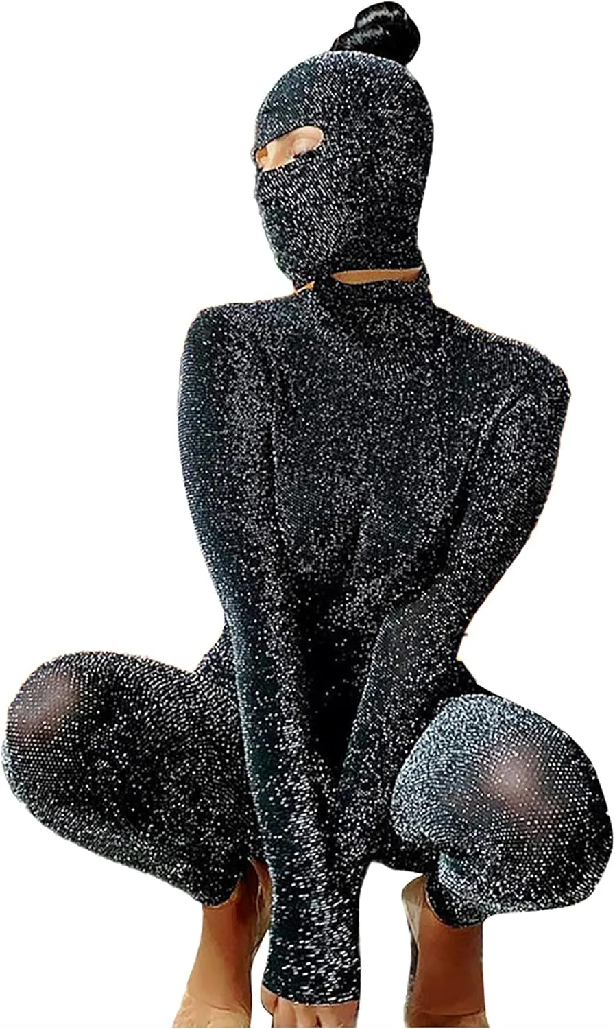 Atyfuniby Women's Sexy Bodycon Jumpsuits See Through Sparkly Long Sleeve Backless One Piece Outfits Clubwear