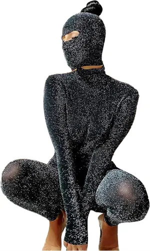 Atyfuniby Women's Sexy Bodycon Jumpsuits See Through Sparkly Long Sleeve Backless One Piece Outfits Clubwear