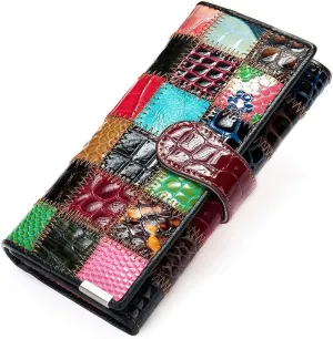Aurexa Women's Genuine Leather Wallet Patent Leather Retro Vintage Patchwork Embossed Flower Floral Wristlet Clutch Bag (Long, Trifold Patent Leather Square)