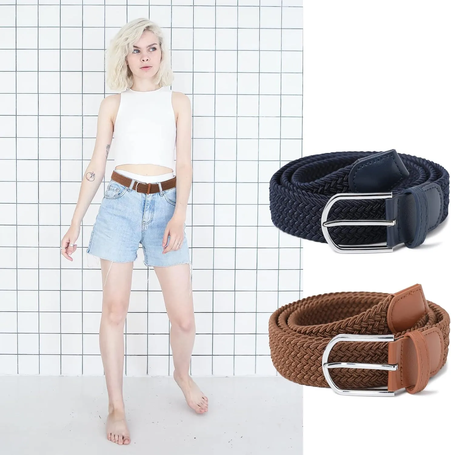 AWAYTR Elastic Braided Belt for Women - 2pcs Unisex Stretch Woven Fabric Belt for Jeans