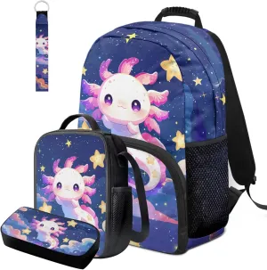 Axolotl Starry Backpack for Girls 4-in-1 School Bag with Lunch Bag 6-8 with Padded Straps Cute 2nd Grade Bookbag for Kindergarten Elementary Book Bags