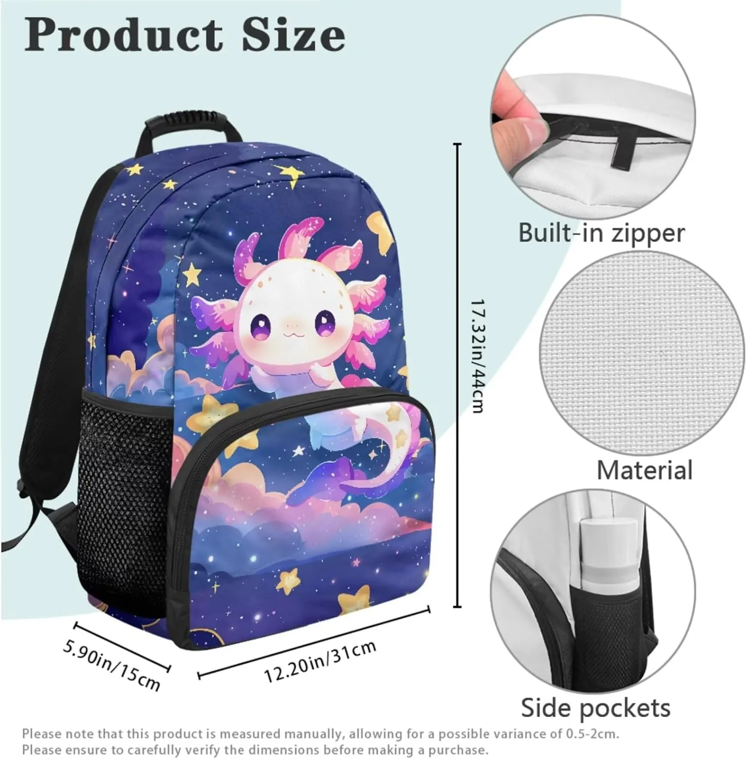 Axolotl Starry Backpack for Girls 4-in-1 School Bag with Lunch Bag 6-8 with Padded Straps Cute 2nd Grade Bookbag for Kindergarten Elementary Book Bags