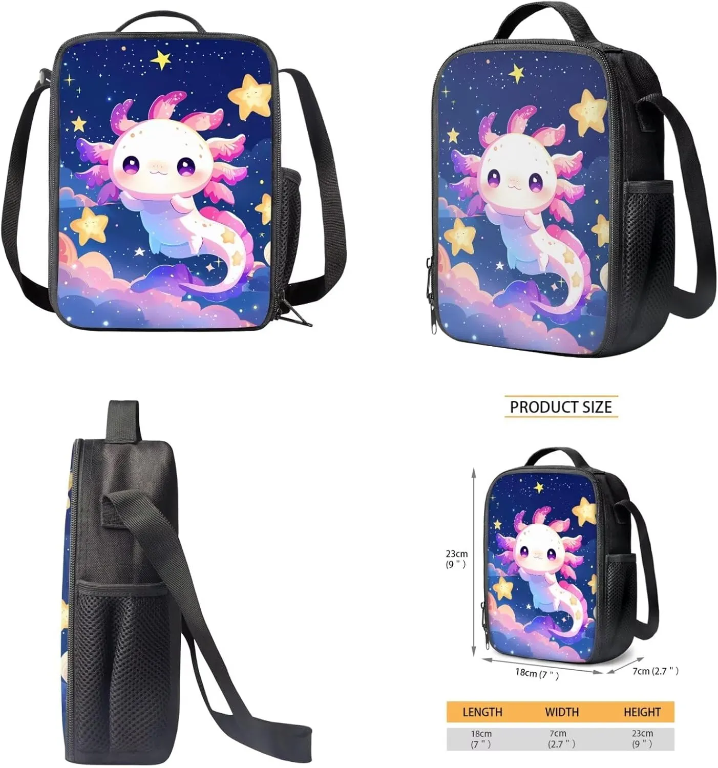 Axolotl Starry Backpack for Girls 4-in-1 School Bag with Lunch Bag 6-8 with Padded Straps Cute 2nd Grade Bookbag for Kindergarten Elementary Book Bags