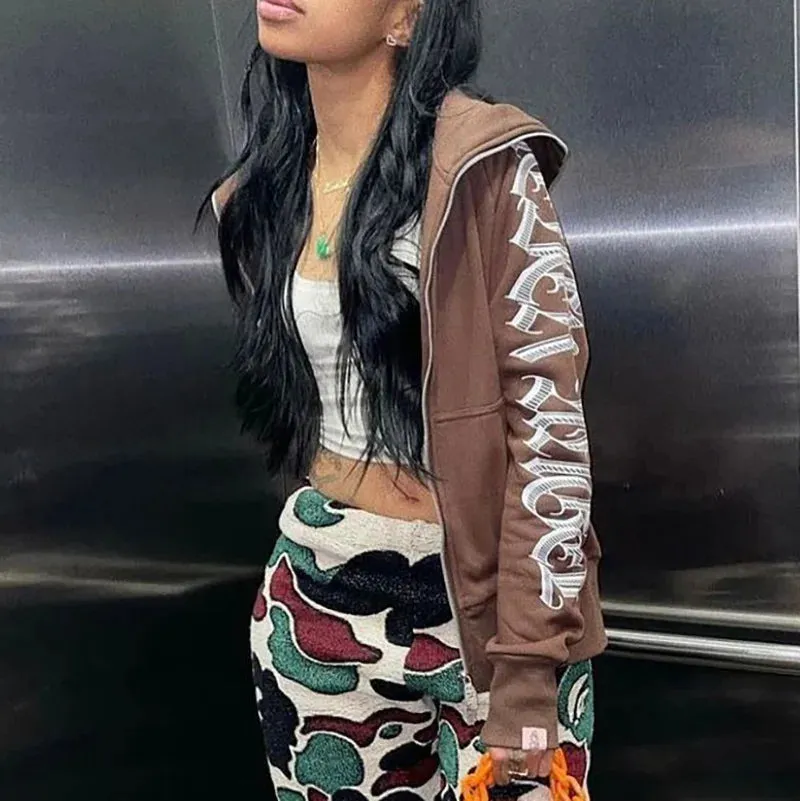Back To School Joskaa Y2k Oversized Retro Streetwear Sweatshirt Letter Printed Zip Up Hoodies 90s Women Autumn Winter Grunge Punk Hooded Jackets Coats