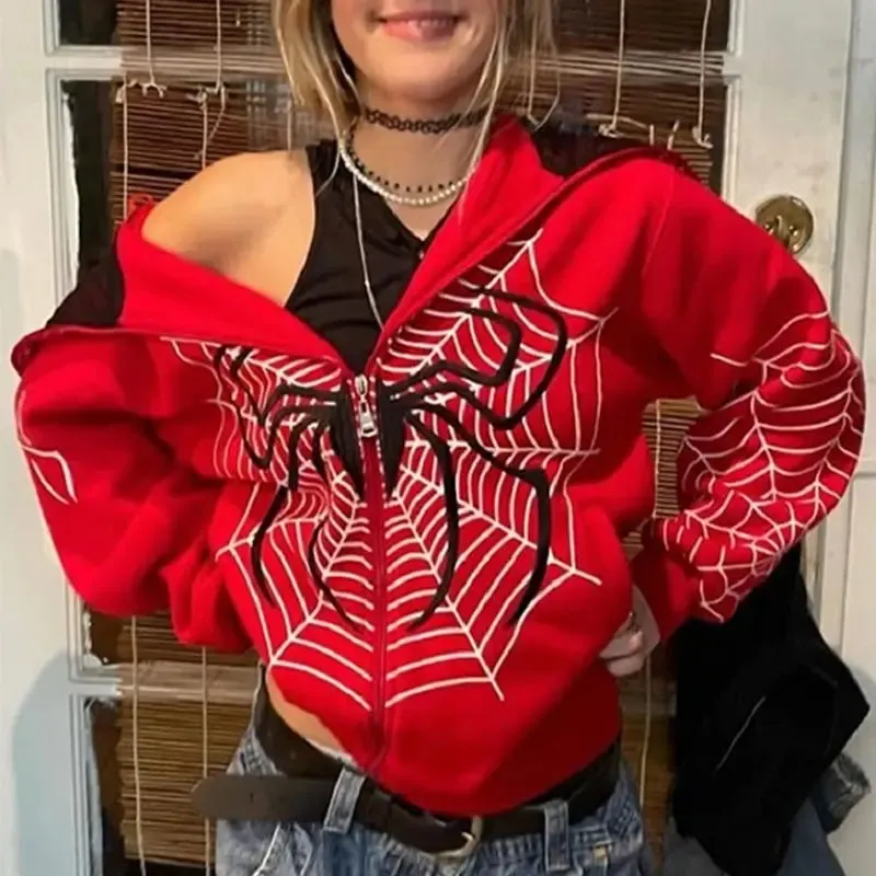 Back To School Joskaa Y2k Spider Web Graphic Red Warm Hoodies Harajuku Vintage Grunge Zip Up Hoodie Unisex Gothic Loose Sweatshirt Jacket Men Clothing