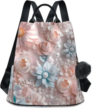 Backpack Purse for Women 3d Flowers Pearls Nylon Anti-theft Fashion Travel Back Pack Lightweight Shoulder Bag with Plush Ball Keychain