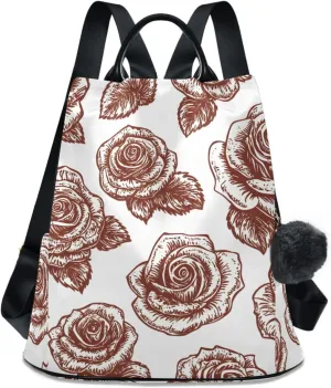 Backpack Purse for Women Beige Rose Grey Leaves Flower Nylon Anti-theft Fashion Travel Back Pack Lightweight Shoulder Bag with Plush Ball Keychain