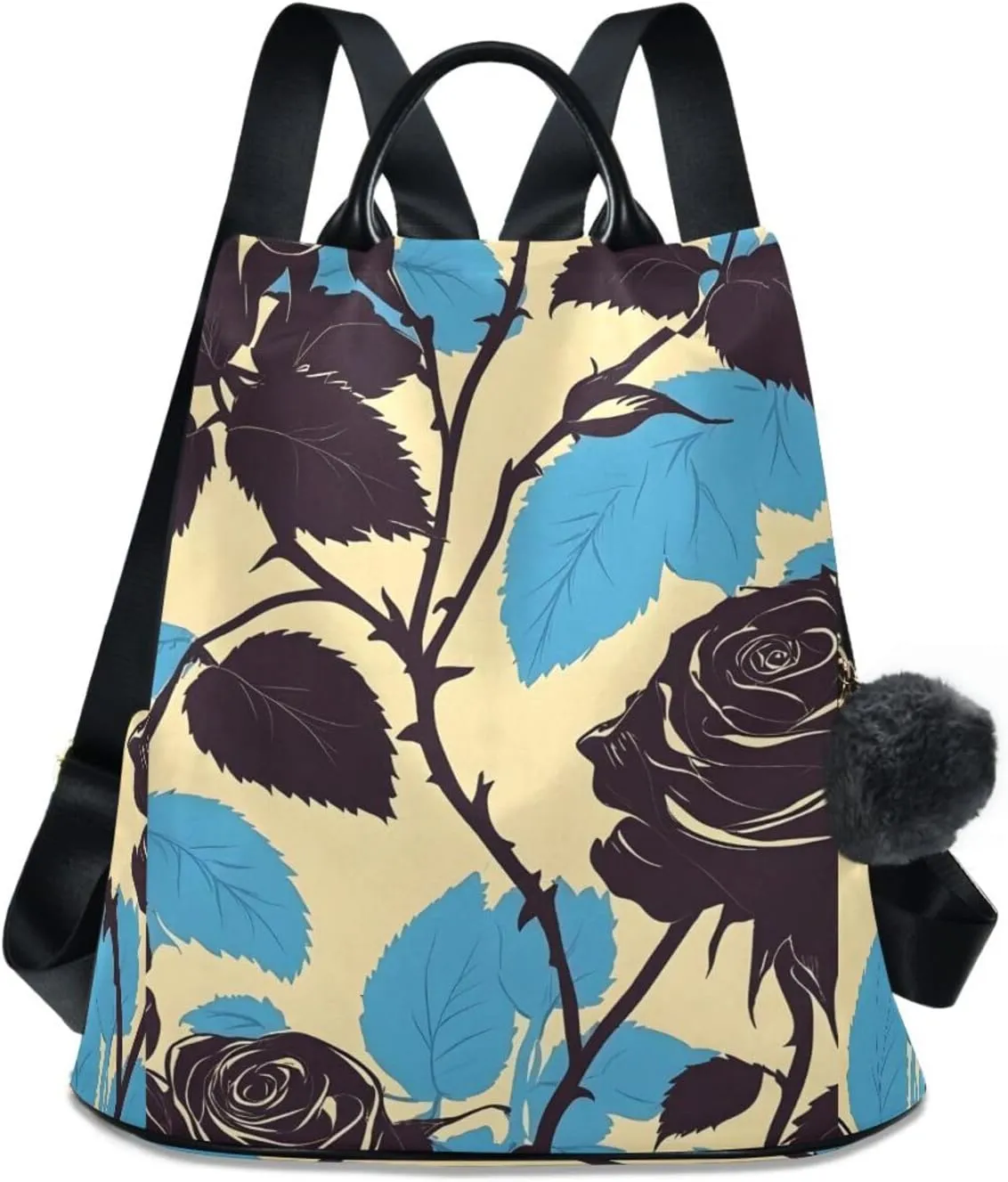 Backpack Purse for Women Black Flower Blue Leaves Pattern Nylon Anti-theft Fashion Travel Back Pack Lightweight Shoulder Bag with Plush Ball Keychain