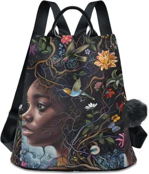 Backpack Purse for Women Black Girl with Flowers in Her Hair Nylon Anti-theft Fashion Travel Back Pack Lightweight Shoulder Bag with Plush Ball Keychain