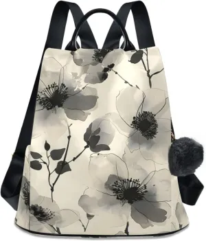 Backpack Purse for Women Black White Flower Pattern Beige Nylon Anti-theft Fashion Travel Back Pack Lightweight Shoulder Bag with Plush Ball Keychain