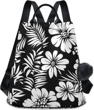 Backpack Purse for Women Black White Flower Pattern Nylon Anti-theft Fashion Travel Back Pack Lightweight Shoulder Bag with Plush Ball Keychain