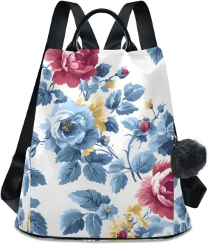 Backpack Purse for Women Blue Flower Leaves Pattern Red Yellow Nylon Anti-theft Fashion Travel Back Pack Lightweight Shoulder Bag with Plush Ball Keychain