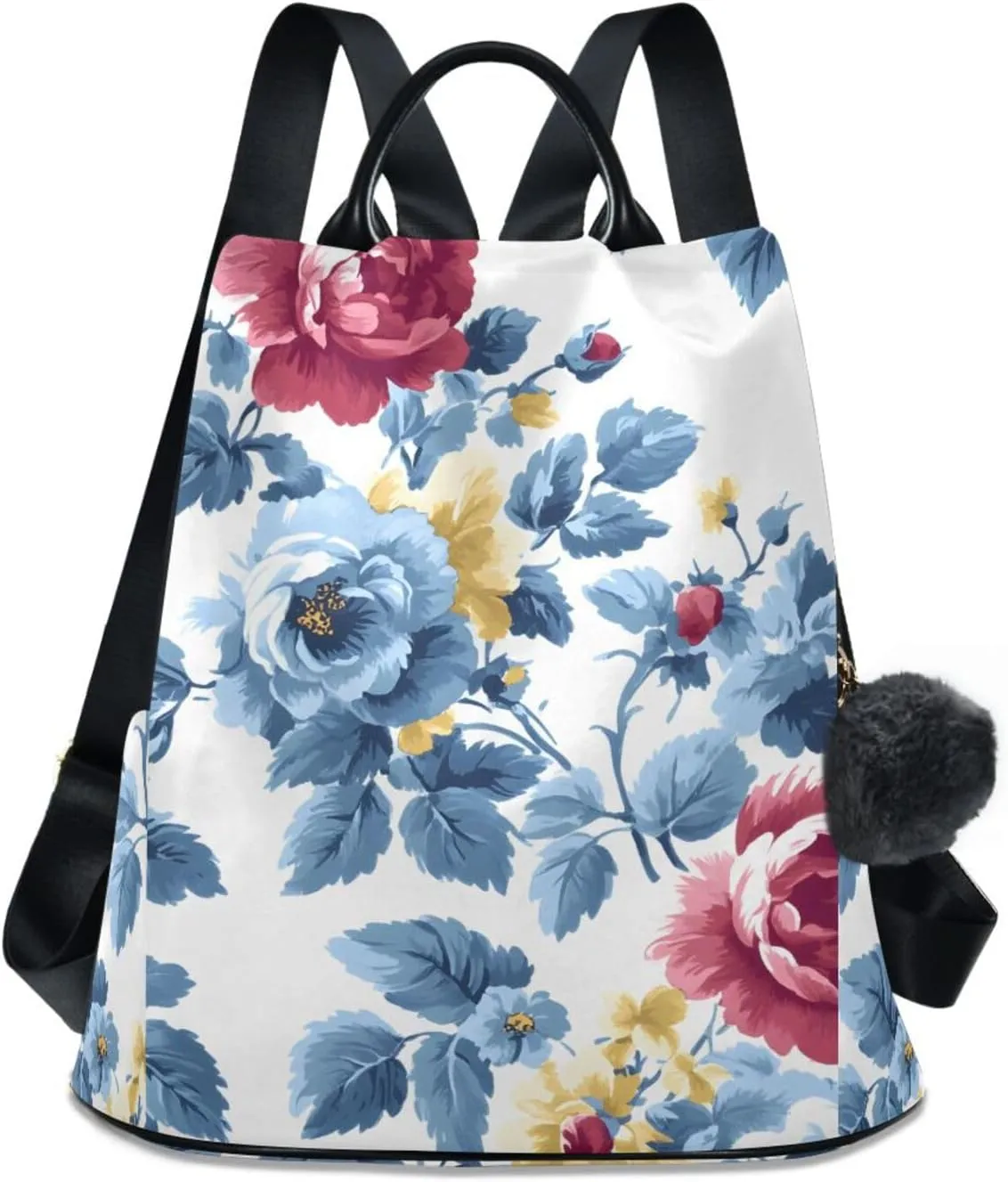 Backpack Purse for Women Blue Flower Leaves Pattern Red Yellow Nylon Anti-theft Fashion Travel Back Pack Lightweight Shoulder Bag with Plush Ball Keychain