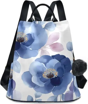 Backpack Purse for Women Blue Flower Leaves Watercolor Pattern Nylon Anti-theft Fashion Travel Back Pack Lightweight Shoulder Bag with Plush Ball Keychain