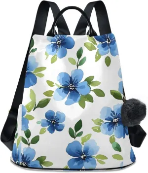 Backpack Purse for Women Blue Flower Plants Green Pattern Nylon Anti-theft Fashion Travel Back Pack Lightweight Shoulder Bag with Plush Ball Keychain