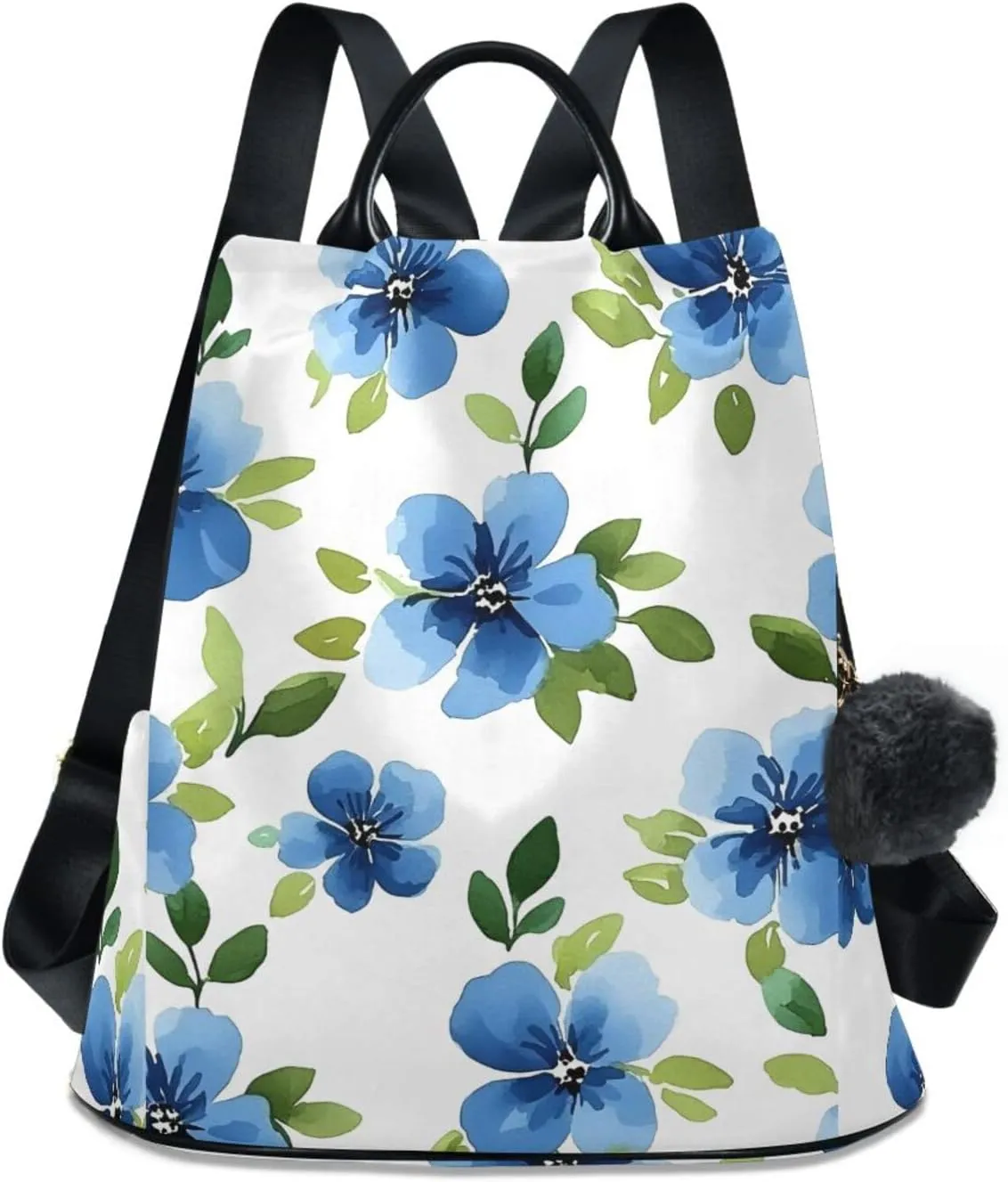 Backpack Purse for Women Blue Flower Plants Green Pattern Nylon Anti-theft Fashion Travel Back Pack Lightweight Shoulder Bag with Plush Ball Keychain