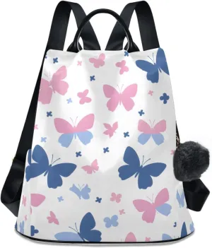 Backpack Purse for Women Blue Pink White Butterflies Nylon Anti-theft Fashion Travel Back Pack Lightweight Shoulder Bag with Plush Ball Keychain