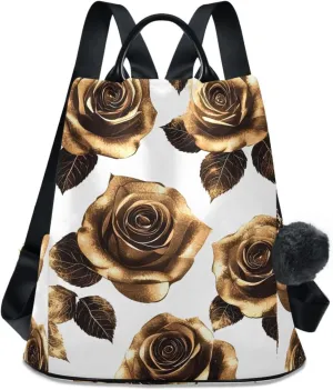 Backpack Purse for Women Brown Gold Leaves Flower Nylon Anti-theft Fashion Travel Back Pack Lightweight Shoulder Bag with Plush Ball Keychain
